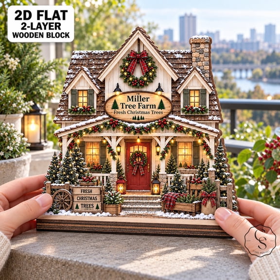2-Layer Block Christmas Tree Farm House Wooden Tabletop Display for Holiday Hosts