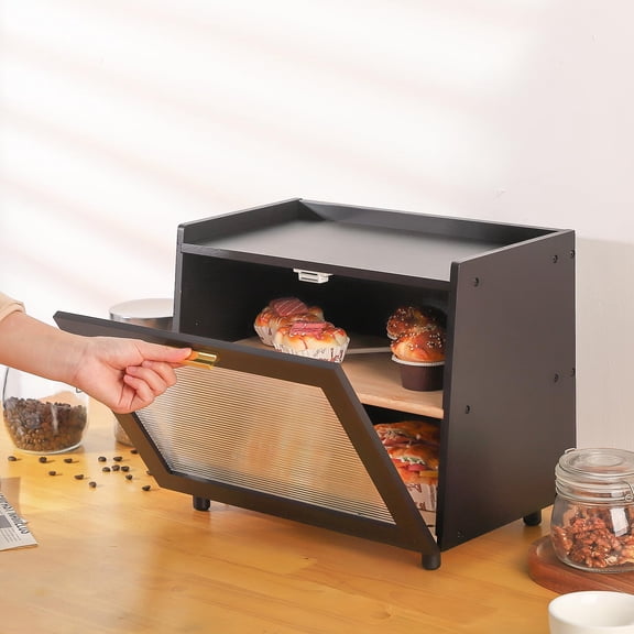 2 Layer Bread Box, Modern Countertop Bread Storage Bin with Fence Top, Transparent Acrylic Door Panel, Farmhouse Bamboo Corner Bread Container Bread Keeper for Kitchen, Black