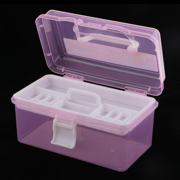 2 Layer Clear Jewelry Beads Sewing Painting Tools Organizer, Household Storage Box Case Container with Handle - Pink, as described