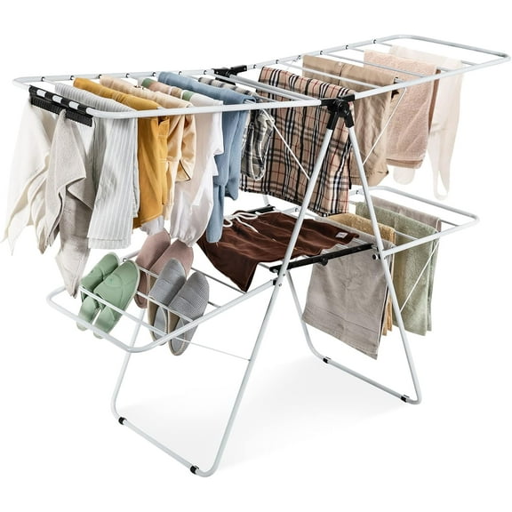 2-Layer Clothes Drying Rack, Folding Laundry Drying Rack w/Height-Adjustable Gullwing, 33 Rails & 26 Clips, Collapsible Laundry Hanger, Indoor/Outdoor Portable Dryer for Clothes Shoes Towels