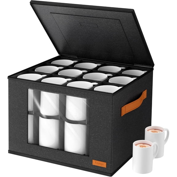 2-Layer Coffee Mug Storage Box with Dividers, Coffee Cup Storage Organizer with Zipper Lid and Handles, Stackable Mug and Cup organizer Service for 24 Coffee Mugs, Cups and Glasses, Dark Grey
