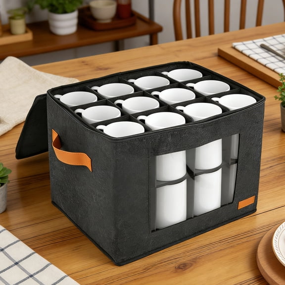 2 Layer Coffee Mug Storage Box with Dividers Stackable Coffee Cup Storage Organizer with Zipper Lid and Handles for 24 Mugs Cups Glasses Felt Dark Grey