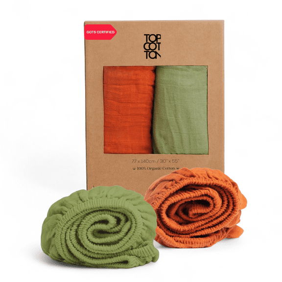 Top Cotton 100% Organic Cotton Muslin Standard Fitted Crib Sheet for Boys, Girls & Toddlers (52"x28"), 2 Pack Soft Breathable Natural Cotton Mattress Bed Sheets, Neutral Crib Sheet (Green & Rust)
