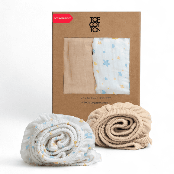 Top Cotton 100% Organic Cotton Muslin Standard Fitted Crib Sheet for Boys, Girls & Toddlers (52"x28"), 2 Pack Soft Breathable Natural Cotton Mattress Bed Sheets, Neutral Crib Sheet (Beige, Blue Star)