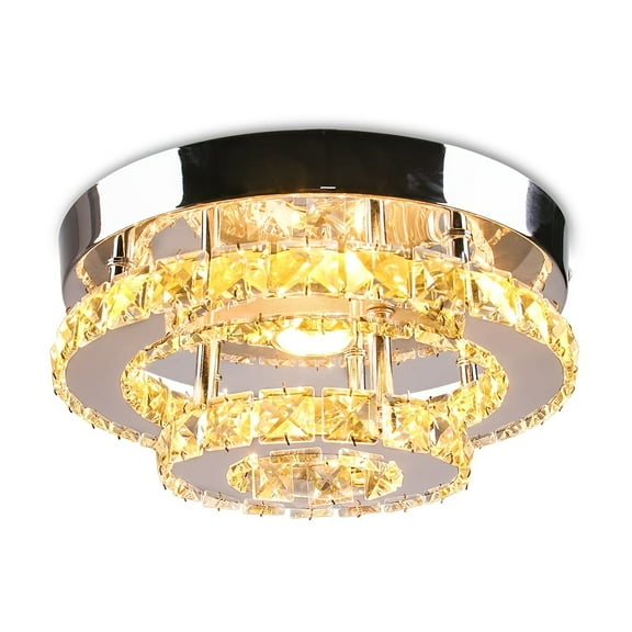 2-Layer Dimmable Mini LED Crystal Chandelier - Round Flush Mount Ceiling Light, Elegant Contemporary Fixture for Hallway/Kitchen/Bathroom