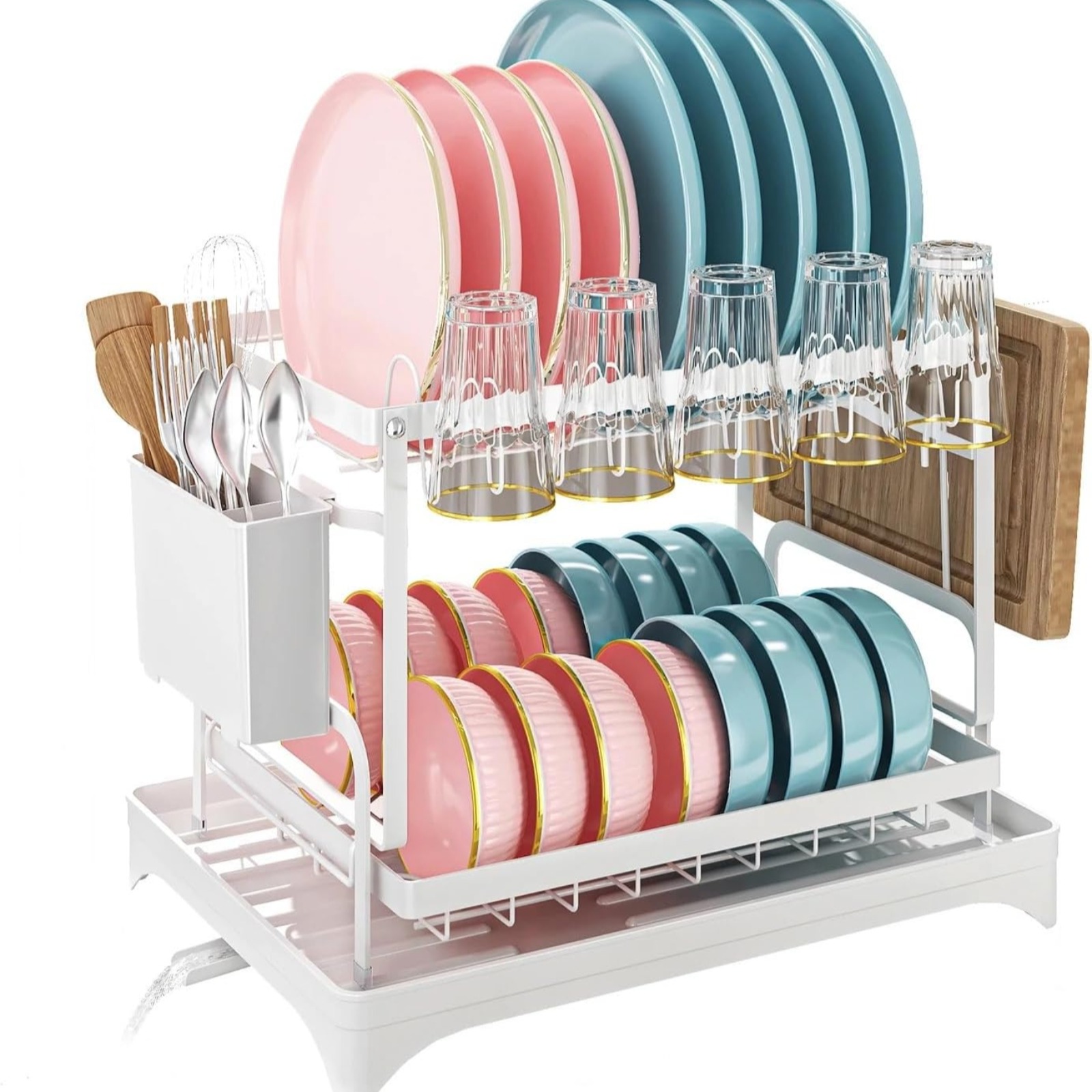 Rectangle Dish Rack Counter 2-Layer Dish Drying Rack, Kitchen Counter Organizer with Drainboard ...