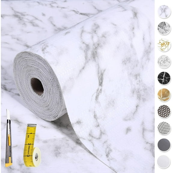 2-Layer Drawer and Shelf Liner for Kitchen Cabinet: 35.4 in X 39.5 Ft Non Slip Waterproof Shelf Paper Non Adhesive Refrigerator Liners White Marble Easy Liners for Bathroom with Knife Tape Measure