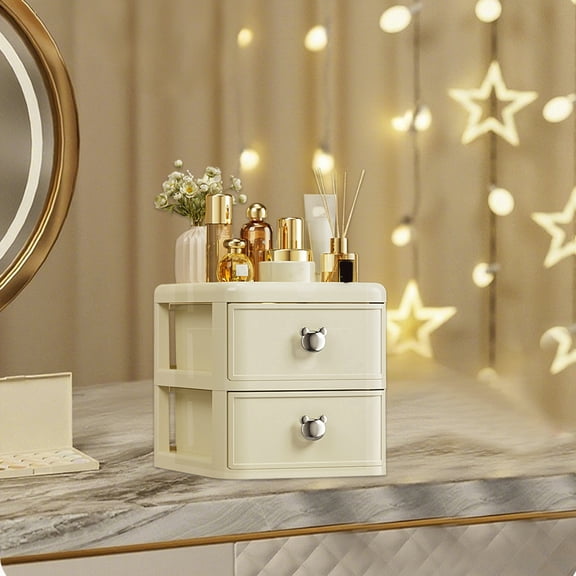 2-Layer Drawer-Type Desktop Storage Box, Cosmetic Storage Box, Squares Nightstand with Storage, Makeup Dresser Drawer Storage Box, Small Cupboard Cabinet with 2 Drawers