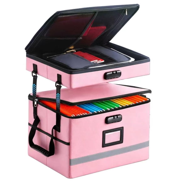 2 Layer File Box With Lock  Portable Document Organizer Handle Fireproof For Home Office Legal Storage