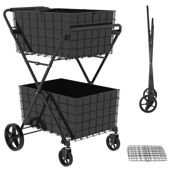 2-Layer Foldable Jumbo Shopping Cart with Double Basket, 360° Rolling Swivel Wheels for Groceries Laundry
