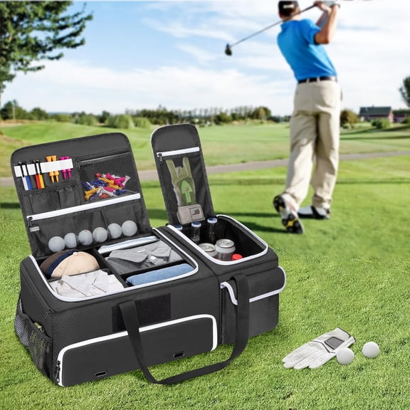 2 Layer Golf Trunk Organizer with Shoe Storage for Cars -  Nylon Car Locker Holds Shoes Balls Tees