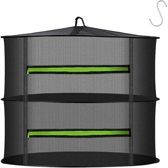 2 Layer Herb Drying Rack, Collapsible Mesh Drying Rack, Small Hanging Drying Net with Green Zipper & Hooks, Indoor Outdoor for Drying Herbs, Socks, Underwear, Seafood & Camping Food (11.81")