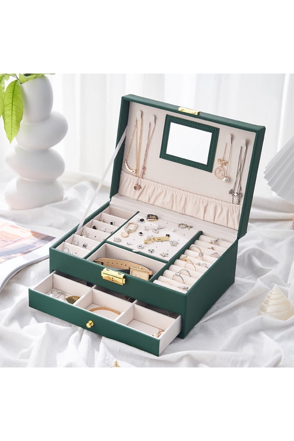 2-Layer Jewelry Storage Box with Lock and Mirror, Leather Jewelry Organizer Gifts for Girls Women, Travel Jewelry Cases for Earrings Bracelets Rings, 9.1"x6.7"x4.1", 1 Pack, Green