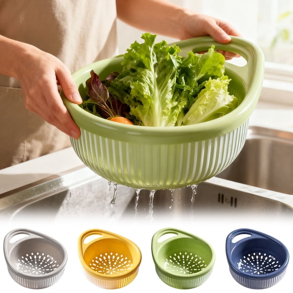 2-Layer Kitchen Colander,Small Colander Set Perfect for Washing Fruits and Vegetables, Strainer Bowls for Kitchen Sink,Fruit Bowl,Food Storage Container Basin,Green