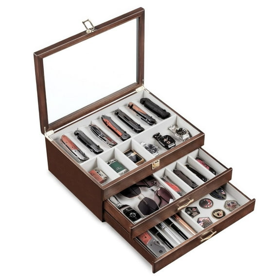 3-Layer Knife Display Case, Knife Collection Display Holder with Glass Lid & Drawers (Walnut)