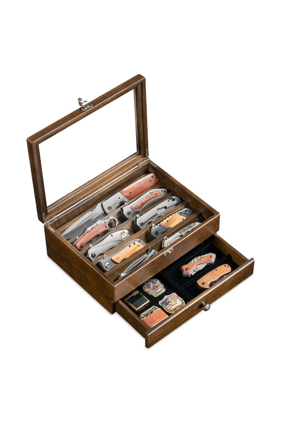 Knife Display Case, Knife Collection Display Holder with Glass Lid, 2-Layer Wood Pocket Knife Case with Drawers