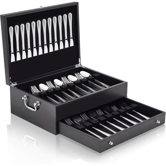 2 Layer Leather Silverware Storage Box with Lid and Handles, Anti Tarnish Silverware Storage Chest Case with Felt-lined for 12-16 or More Sets of Utensils Flatware Gifts, 15.3x11.2x5.7 Inch
