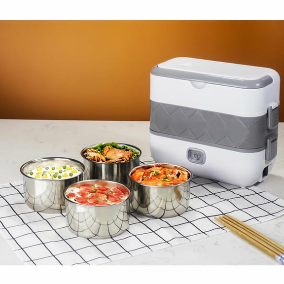 2 Layer Lunch Box Portable Electric Food Warmer Rice Cooker Stainless Heavy Duty Lunch Box Steamer Food Heater Rice Cooker 304 Stainless Steel Portable Home Electric Heating Lunch Box Food Heater