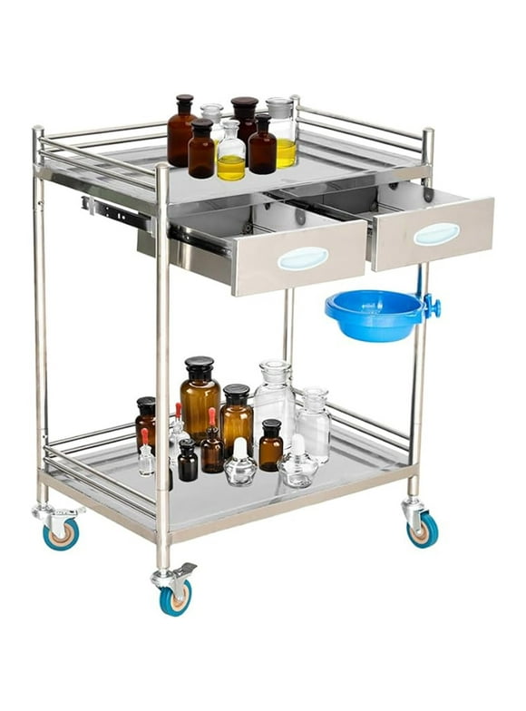 2 Layer Medical Hospital Lab Household Utility Carts, Stainless Steel Lab Medical Carts Mobile Trolley Serving Cart Equipment with Drawers and Lockable Wheel