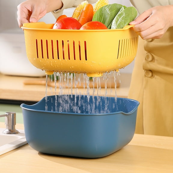2 Layer Plastic Washing Basket with Drain Holes | Kitchen & Household Fruit Vegetable Strainer & Colander | Blue Multi-Purpose Soaking & Storage Bin | 1 Set