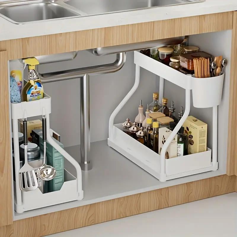 Kitchen Storage Racks Drawer 2 Layer Pull Out Storage Rack, 1 Count Large Capacity Drawer Organizer ...
