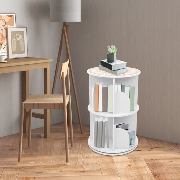2-Layer Rotating Bookshelf, Nordic Style PVC Wood Plastic, Silent 360 Rotation, Easy Tool-Free Assembly, Durable & Stable for Living Room or Office