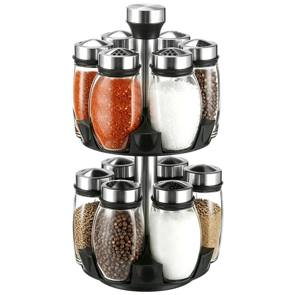 2 Layer Rotating Spice Rack Organizer with 12 Glass Jars, 360° Turntable Seasoning Set, Spinning Kitchen Counter Spice Holder, Airtight Containers with Labels for Kitchen Seasoning Storage