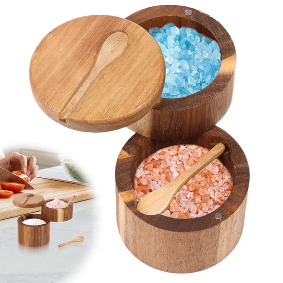 Xiyztok 2 Layer Wood Salt Cellar with Swivel Lid and Spoon for Sea Salt, Spices and Herbs Salt Container Holder for Kitchen Decor & Accessories