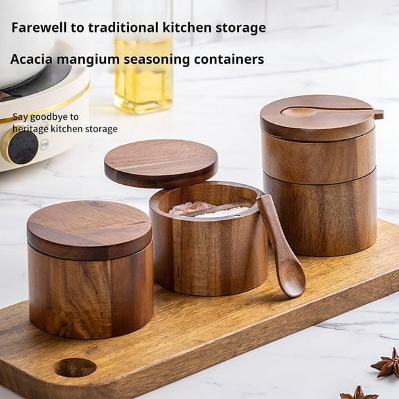 2-Layer Salt and Pepper Bowl Set with Spoon, Magnetic Swivel Lid Dustproof Seasoning Box, Rotatable Wood Kitchen Helper for Serving, Countertop Spice Container, 2-Tier Seasoning Holder for Sea Salt