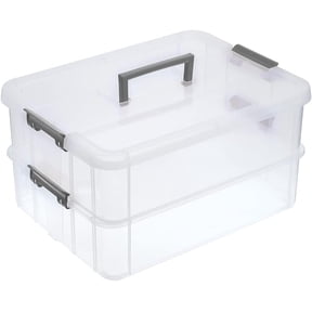 2 Layer Stack & Carry Box, Plastic Multipurpose Portable Storage Container Box Handled Organizer Storage Box for Organizing Stationery, Sewing, Art Craft, Jewelry and Beauty Supplies Dark Grey