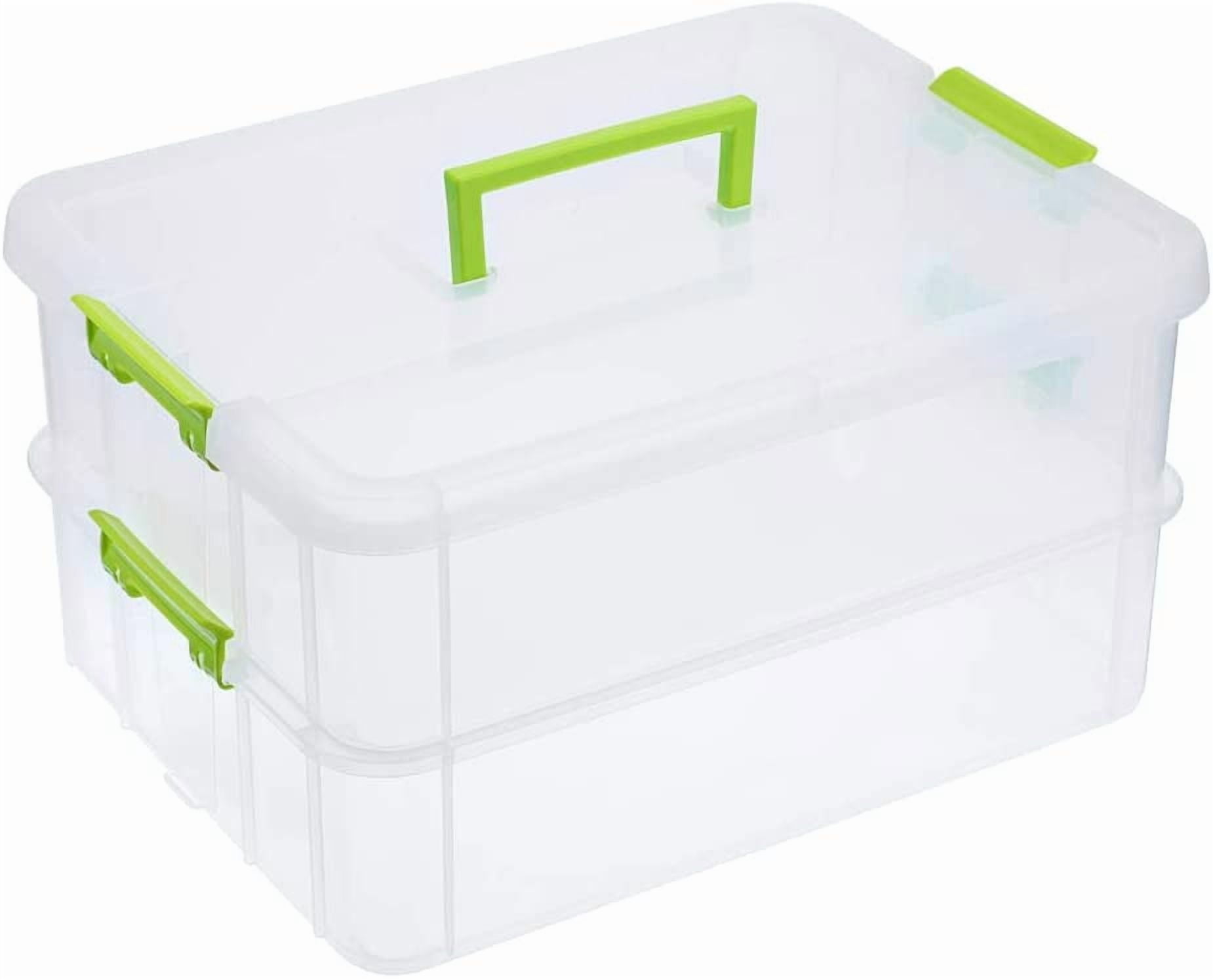 2 Layer Stack & Carry Box, Plastic Multipurpose Portable Storage Container Box Handled Organizer Storage Box for Organizing Stationery, Sewing, Art Craft, Jewelry and Beauty Supplies Green