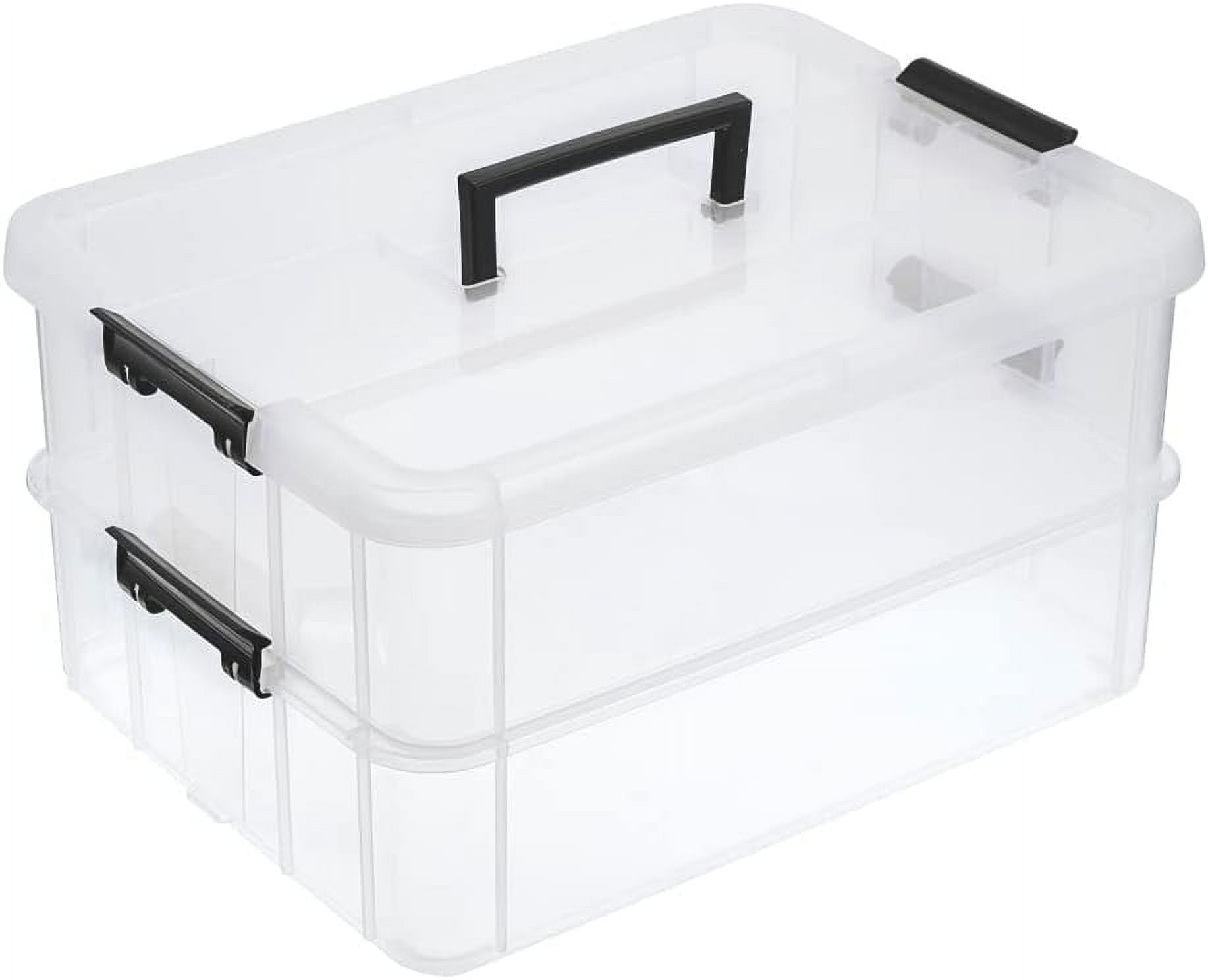 2 Layer Stack & Carry Box, Plastic Multipurpose Portable Storage Container Box Handled Organizer Storage Box for Organizing Stationery, Sewing, Art Craft, Jewelry and Beauty Supplies Black