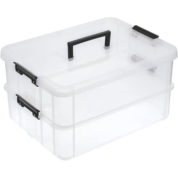 2 Layer Stack & Carry Box, Plastic Storage Container Box with Lid Black