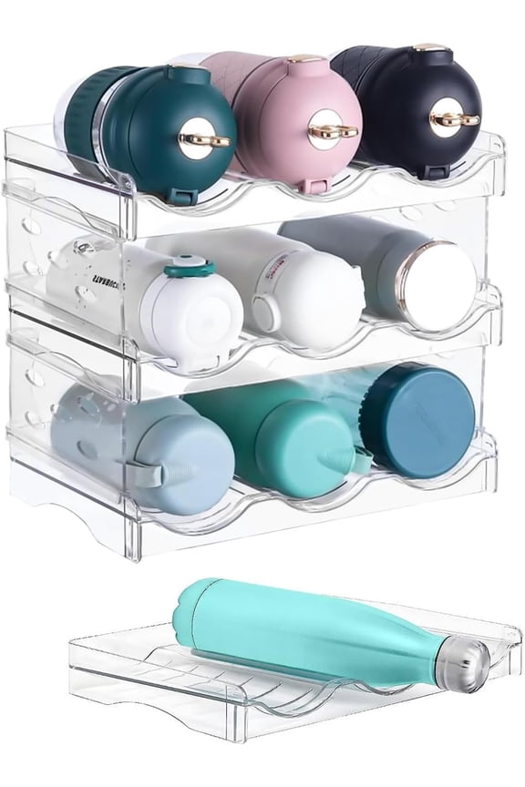 Water Bottle Organizer for Refrigerator Stackable Can Holder Dispenser with Lid for Fridge, Pantry,Freezer – Holds 6-10 Bottles, BPA-Free, Clear Design
