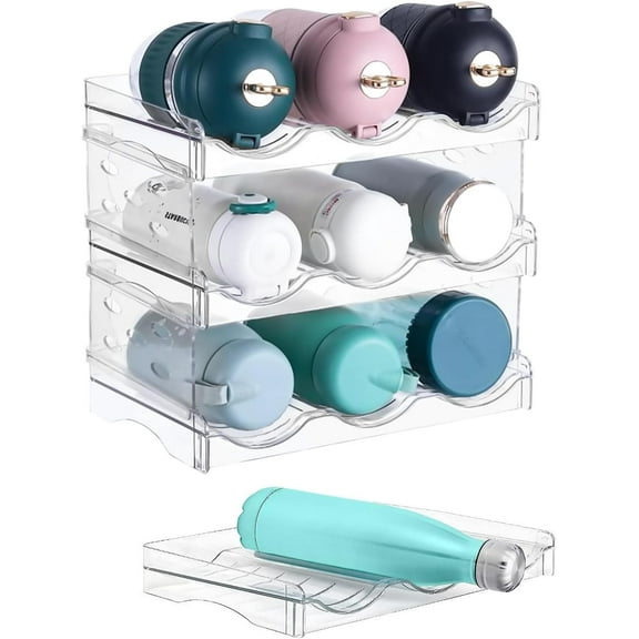 Water Bottle Organizer for Refrigerator Stackable Can Holder Dispenser with Lid for Fridge, Pantry,Freezer – Holds 6-10 Bottles, BPA-Free, Clear Design