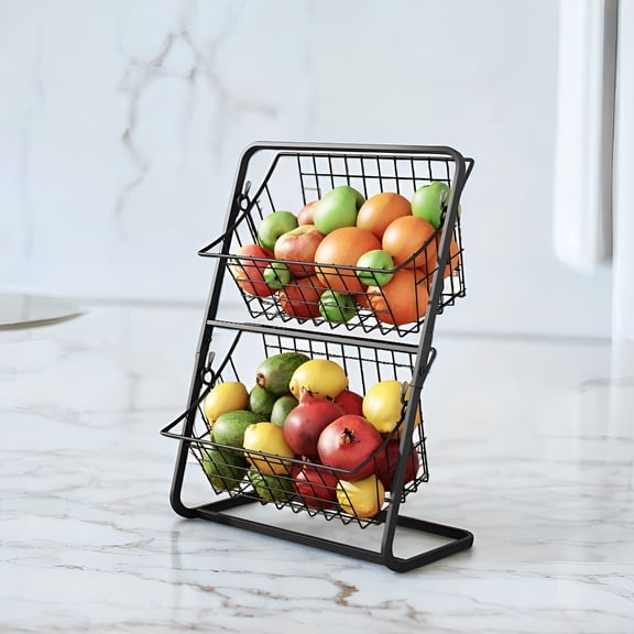 2 Layer Stackable Wire Storage Basket - Rust Proof Carbon Steel Mesh for Fruits Vegetables, Space Saving Vertical Design Pantry Organization, Sturdy Durable Construction