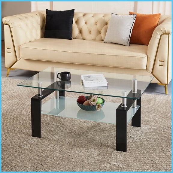 2-Layer Tempered Clear Glass Coffee Table – Space-Saving Living Room Centerpiece, Easy to Clean