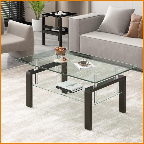 2-Layer Tempered Clear Glass Coffee Table - Easy-Clean Space-Saving Living Room Center Table