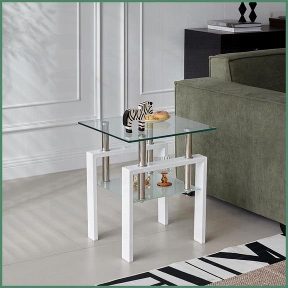 2-Layer Tempered Clear Glass Coffee Table for Living Room – Easy-Clean, Space-Saving with Storage