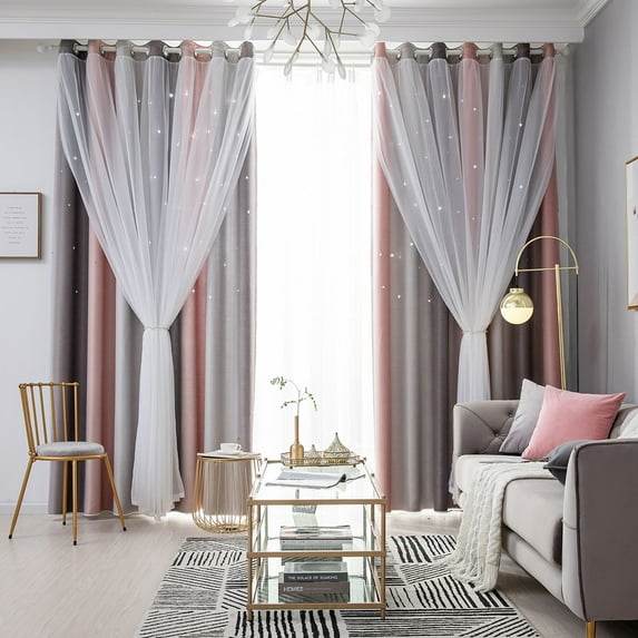 2 Layer Thermal Blockout Curtain Starry Stars Curtain+Tulle Eyelet Bedroom Living Room Decor