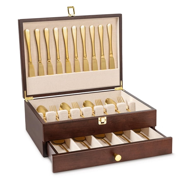 2-Layer Walnut Wood Flatware Storage Chest with Linen Lining and Drawer