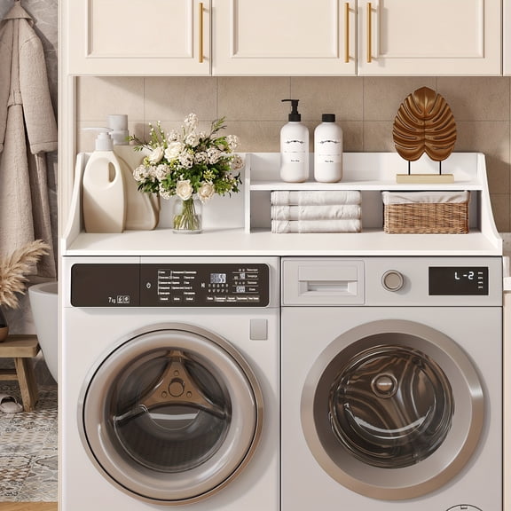 Two-Tier Laundry Utility Table with Integrated Washing and Drying Functionality,54 Inches Wide by 27.5 Inches Deep,Compatible with Most Standard Washers and Dryers, Features a Practical Storage Shelf
