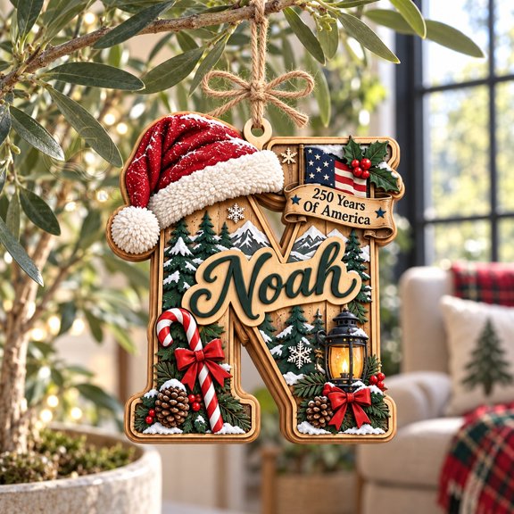 2-Layer Wood Christmas Ornament, Noah Initial Santa Hat, Tree Hanging Keepsake for Patriotic Celebrations