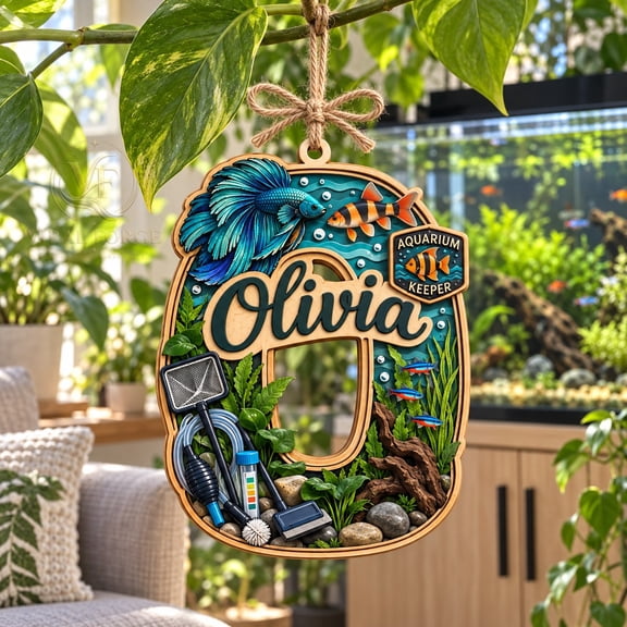 2-Layer Wood Christmas Ornament, Personalized Aquarist Initial Tropical Fish Tree Hanging for Aquarium Keeper