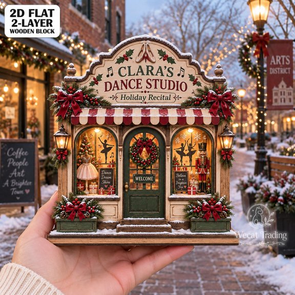 2-Layer Wooden Block Christmas Dance Studio, Tabletop Recital Display for Dancers and Teachers