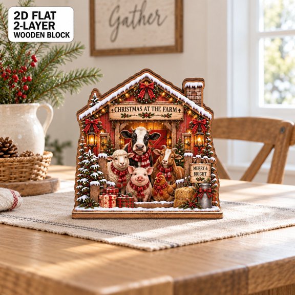 2-Layer Wooden Block Christmas Farm Animals Barn Tabletop Display for Rustic Holiday Gifting