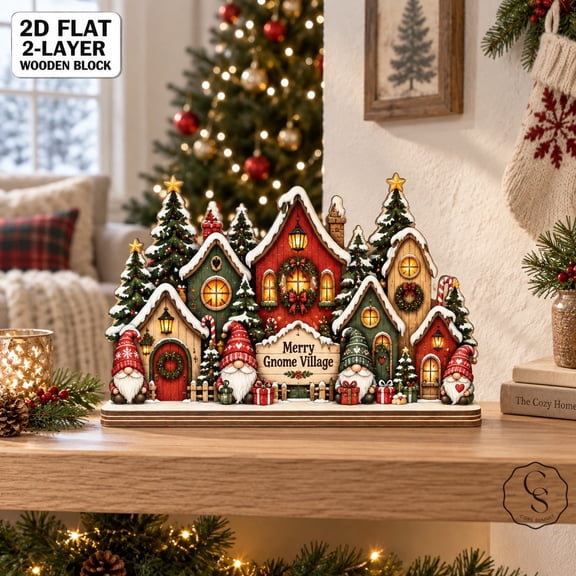 2-Layer Wooden Block Christmas Gnome Village, Freestanding Mantel Display for Collectors