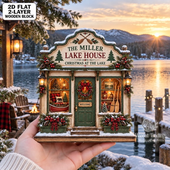 2-Layer Wooden Block Christmas Lake House, Rustic Tabletop Display for Cabin Owners