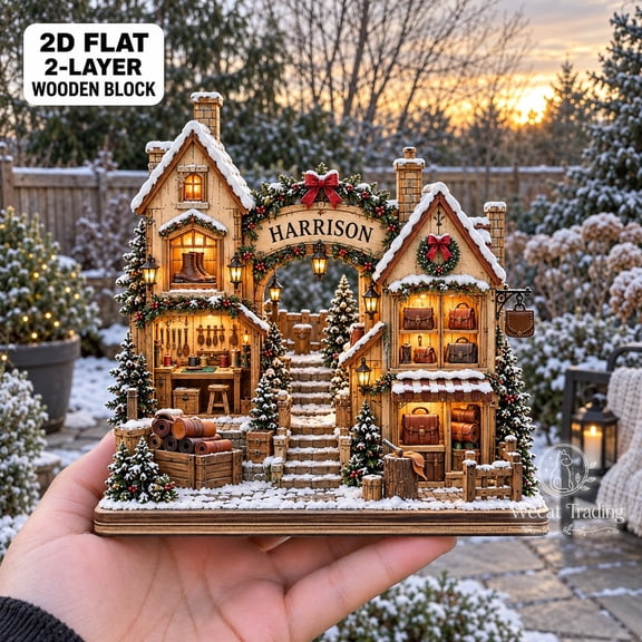 2-Layer Wooden Block Christmas Leathercraft Village Mantel Display Gift for Artisans