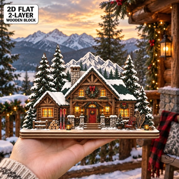 2 Layer Wooden Block Christmas Lodge Mountain Cabin Tabletop Display for Rustic Holiday Decor